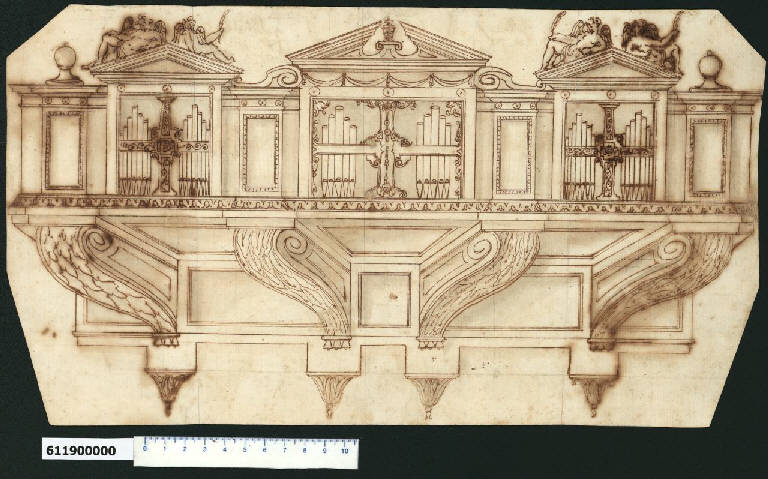 Veduta prospettica di cantoria d'organo (disegno) di Montano, Giovanni Battista (cerchia) (secc. XVI/ XVII)