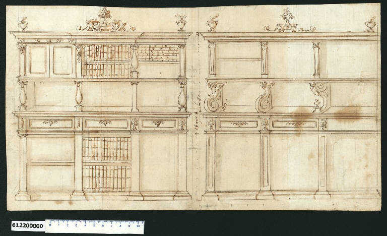 Veduta prospettica di credenze (disegno) di Montano, Giovanni Battista (attribuito) (secc. XVI/ XVII)