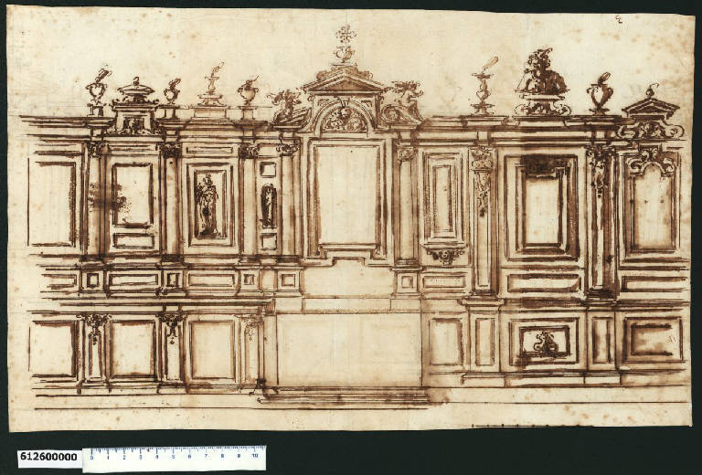 Prospetto di arredo per sagrestia (disegno) di Montano, Giovanni Battista (attribuito) (secc. XVI/ XVII)