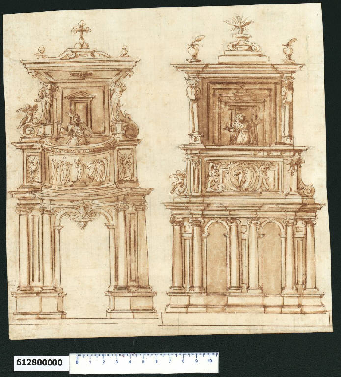 Prospetti di pulpiti (disegno) di Montano, Giovanni Battista (attribuito) (secc. XVI/ XVII)