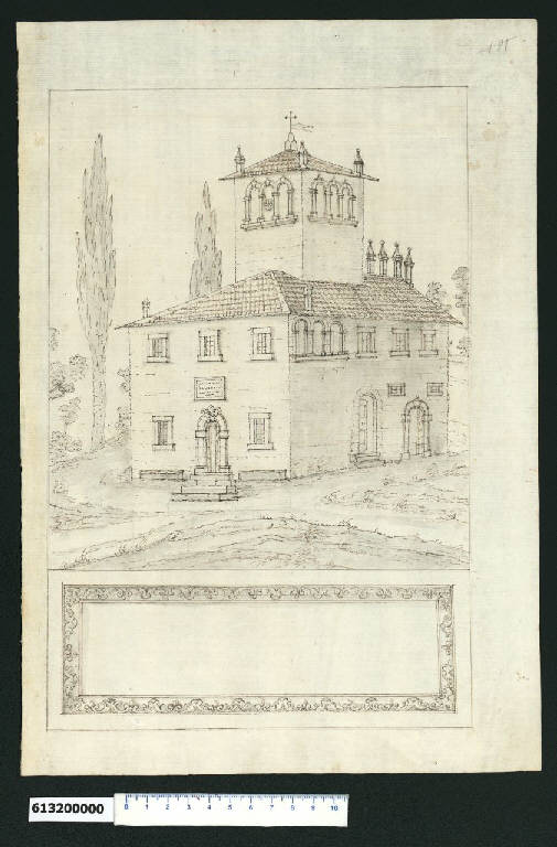 Veduta prospettica di una villa e decoro per iscrizione (disegno) - ambito centro-italiano (secc. XVI/ XVII)