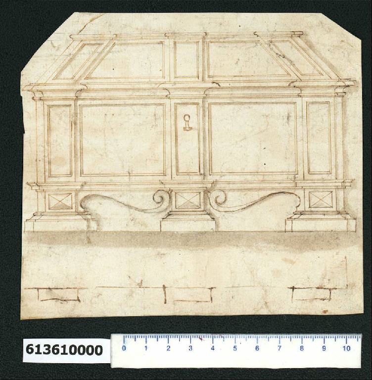 Veduta prospettica di cassone (disegno) - ambito romano (prima metà sec. XVII)