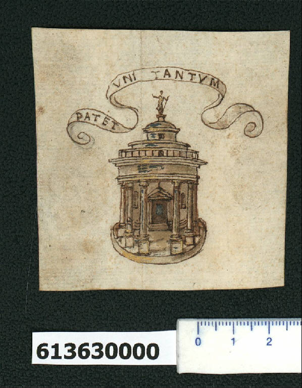 Veduta prospettica di tempio circolare con festone (disegno) - ambito romano (secc. XVI/ XVII)