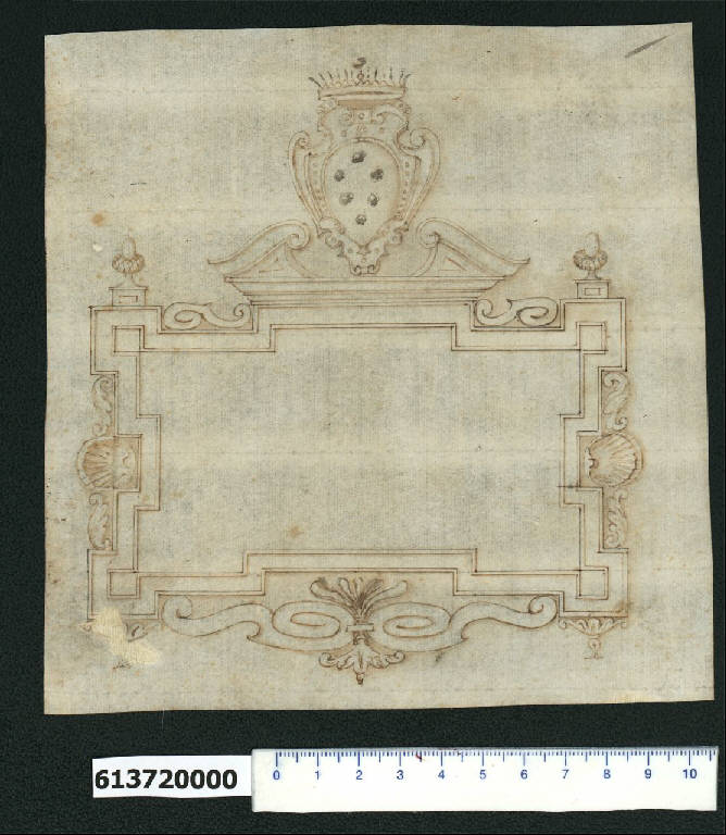 Prospetto di cornice con stemma della famiglia Medici (disegno) - ambito toscano (prima metà sec. XVII)