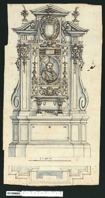 Pianta e prospetto di monumento funebre (disegno) di Mola, Giovan Battista (attribuito) (prima metà sec. XVII)
