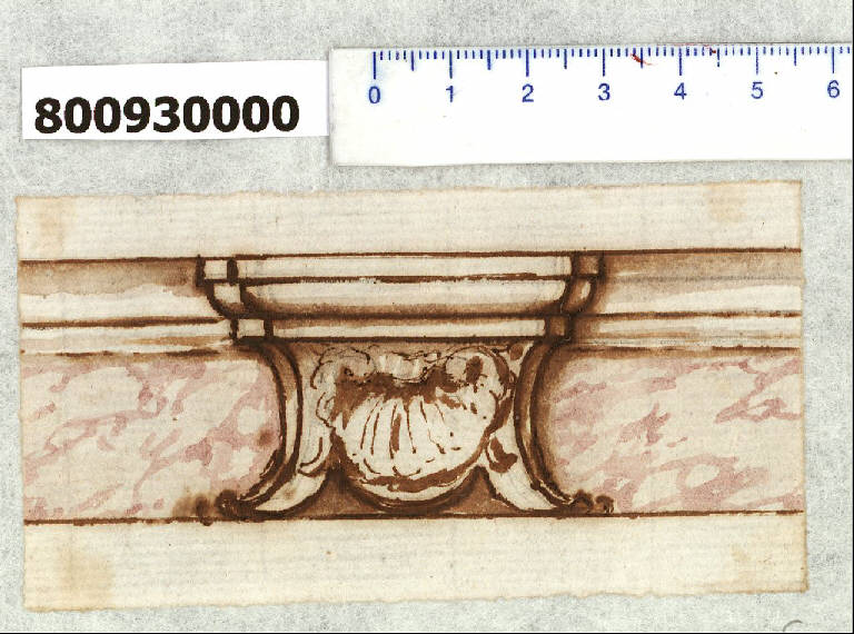 Mensola di cornice con motivo a conchiglia (disegno) - ambito romano (seconda metà sec. XVII)