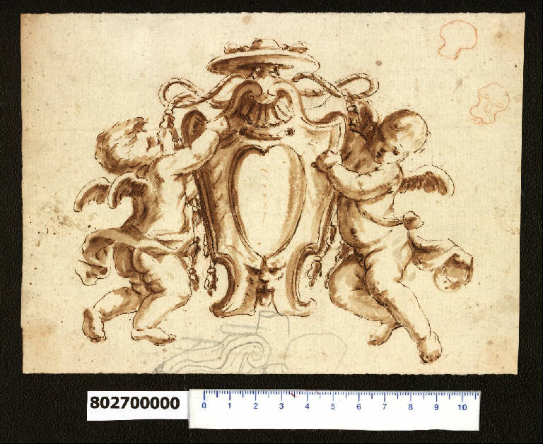 Cartella per arme ecclesiastica con putti alati (disegno) - ambito centro-italiano (primo quarto sec. XVII)