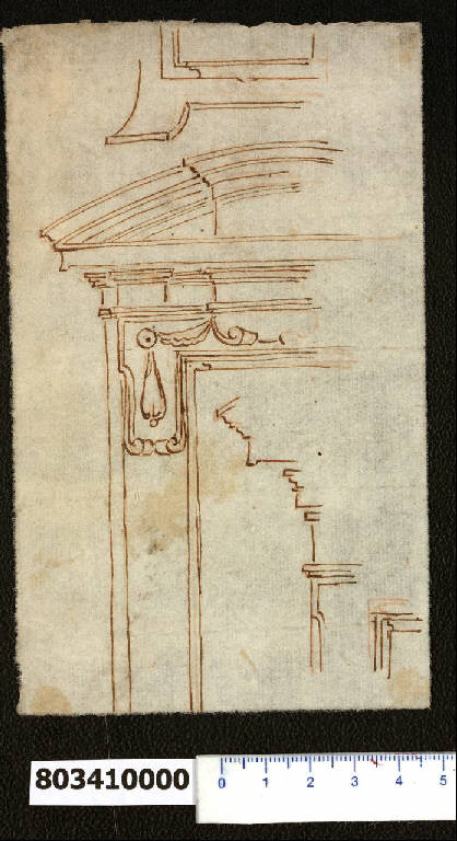 Cimasa di porta e cornici (disegno) - ambito romano (secc. XVI/ XVII)