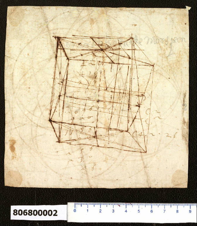 Tracciato geometrico di un cubo (schizzo) - ambito italiano (sec. XVII)