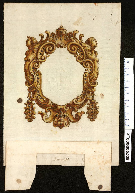 Cornice di oreficeria con sirene alate e motivi decorativi (disegno) di Giannoni, Ambrogio (bottega) (sec. XVII)