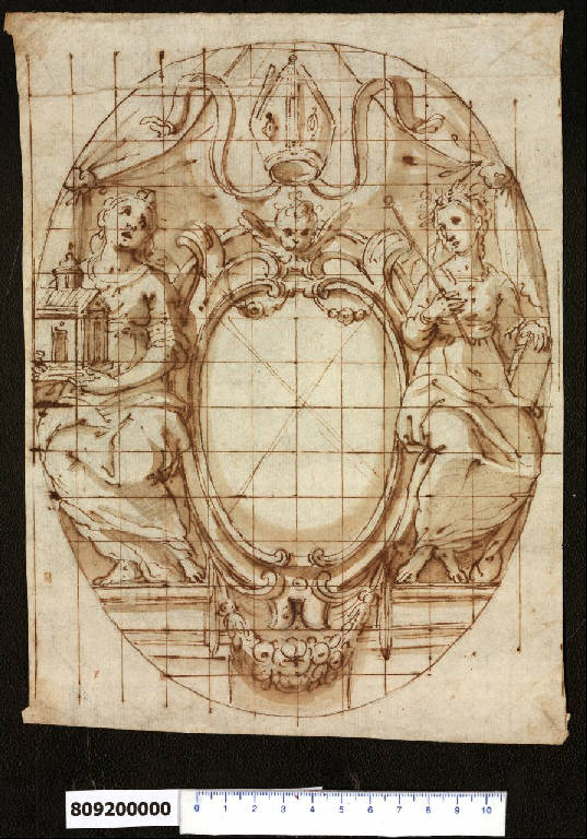 Arme vescovile tra figure allegoriche (disegno) di Casolani, Alessandro ((?)) (ultimo quarto sec. XVI)