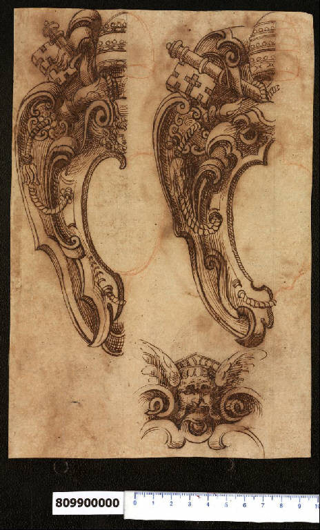 Cartelle per arme papale e dettaglio decorativo (disegno) di Montano, Giovanni Battista (secc. XVI/ XVII)