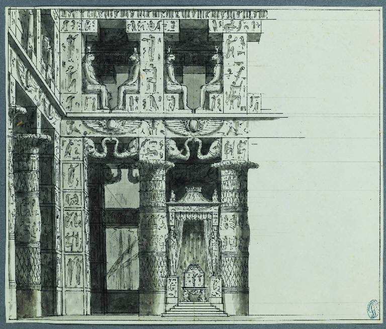 Galleria preparata per l'incoronazione trono in prospetto. Logge che guardano il Nilo. Atto III (disegno) di Landriani, Paolo (sec. XIX)
