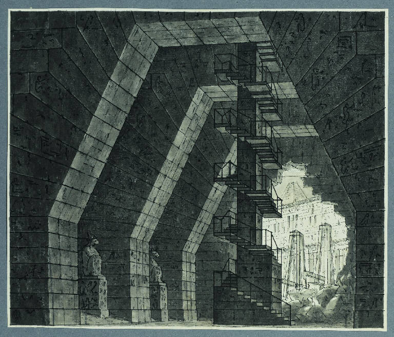 Oscuro ed orrido luogo all'interno della reggia con scala a chiocciola (disegno) di Landriani, Paolo (sec. XIX)