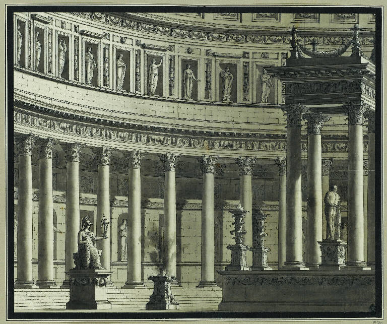 Interno di tempio con statua di Minerva (disegno) di Landriani, Paolo (sec. XIX)