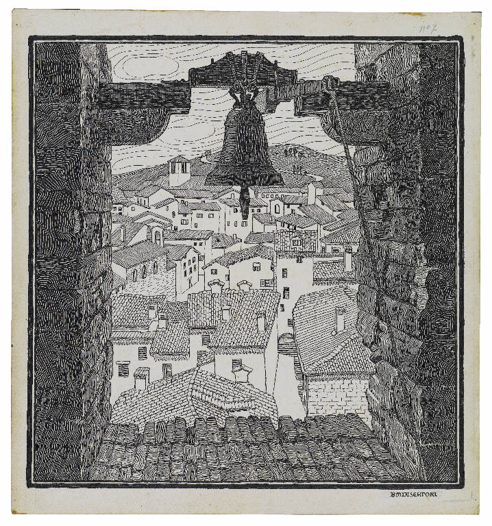 Veduta di Gubbio. La campanella di S. Giovanni Battista (disegno) di Disertori, Benvenuto Maria (sec. XX)