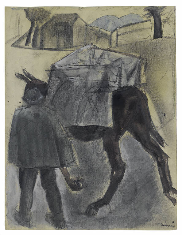Soldato con mulo, Schizzi di un cavallo, un carro e una testa (disegno) di Sironi, Mario (sec. XX)