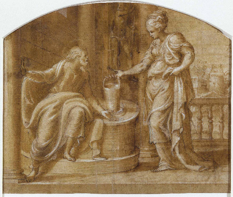 Cristo e la samaritana al pozzo (disegno) di Campi, Bernardino (metà sec. XVI)