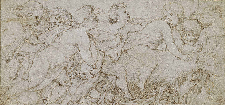 Putti che giocano con una capra (recto)/ Paesaggio (verso) (disegno) di Piazza, Callisto (prima metà sec. XVI)