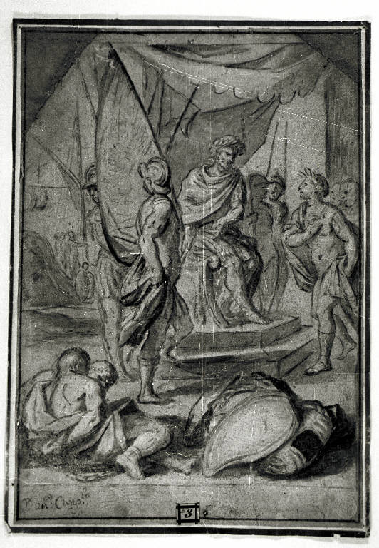 Guerriero vittorioso davanti all'imperatore con prigionieri (disegno) - ambito veneto (seconda metà sec. XVI)
