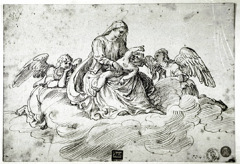 Madonna con Bambino in gloria e angeli (disegno) di Campagnola Domenico (secondo quarto sec. XVI)