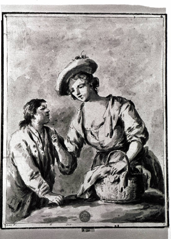 Figura femminile con cesto a colloquio con un giovane (disegno) - ambito veneto (terzo quarto sec. XVIII)