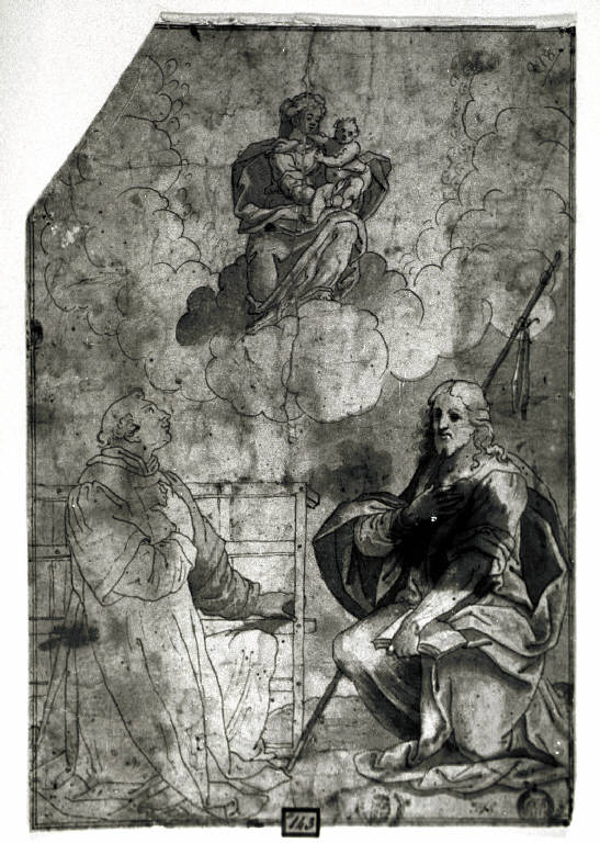 Madonna con Bambino in gloria tra San Lorenzo e San Giacomo maggiore (disegno) di Ripari Andrea (ultimo quarto sec. XVI)