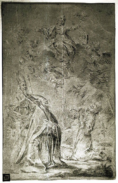 Madonna in gloria, due santi vescovi e un santo (disegno) - ambito emiliano (prima metà sec. XVIII)