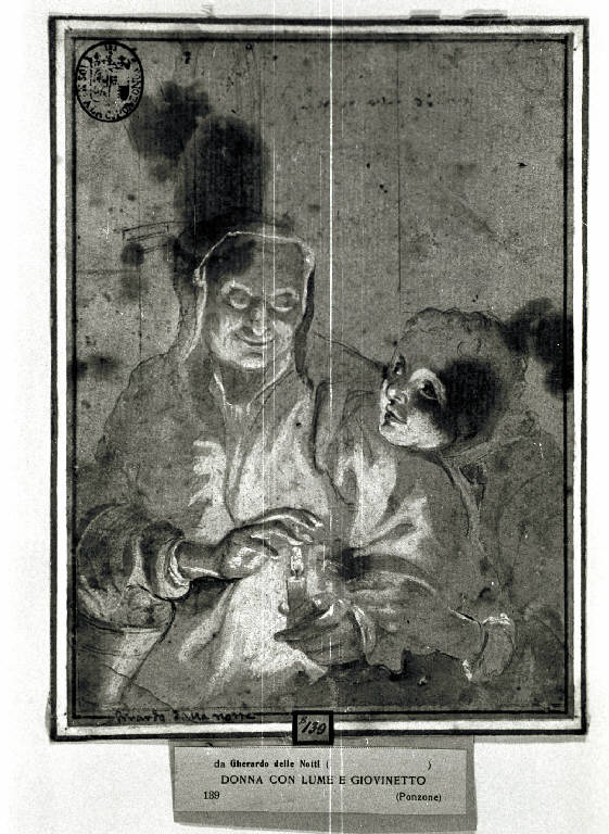 Donna con lume e giovinetto (disegno) - ambito olandese (prima metà sec. XVII)