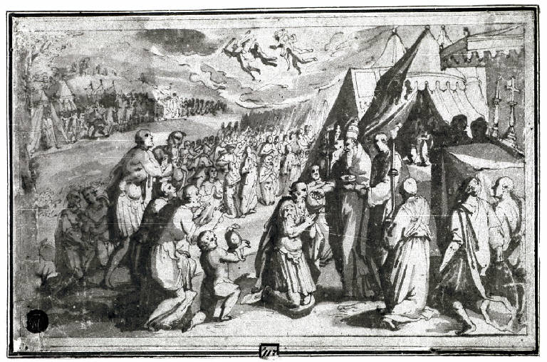Guerriero riceve l'eucarestia da un papa in un accampamento (disegno) - ambito romano (fine/inizio secc. XVI/ XVII)