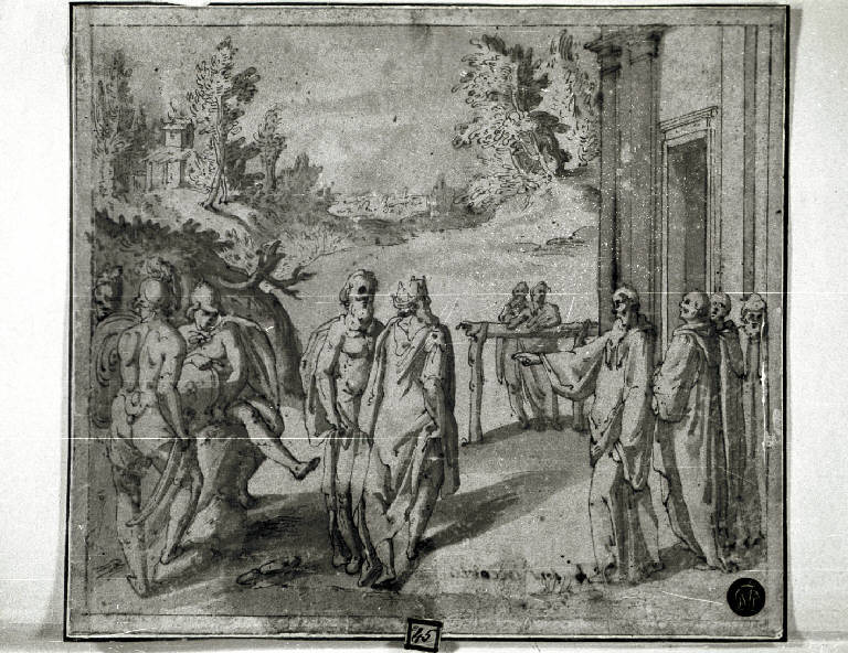 San Bruno (?) con alcuni confratelli al cospetto di un re (disegno) - ambito romano (fine/inizio secc. XVI/ XVII)