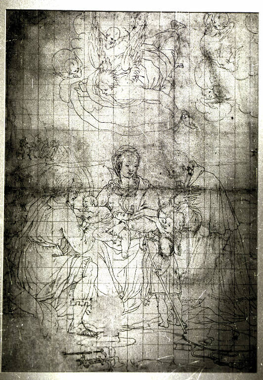 Riposo nella fuga in Egitto con San Giovannino e San Carlo Borromeo (disegno) di Mainardi Andrea detto Chiaveghino (primo quarto sec. XVII)