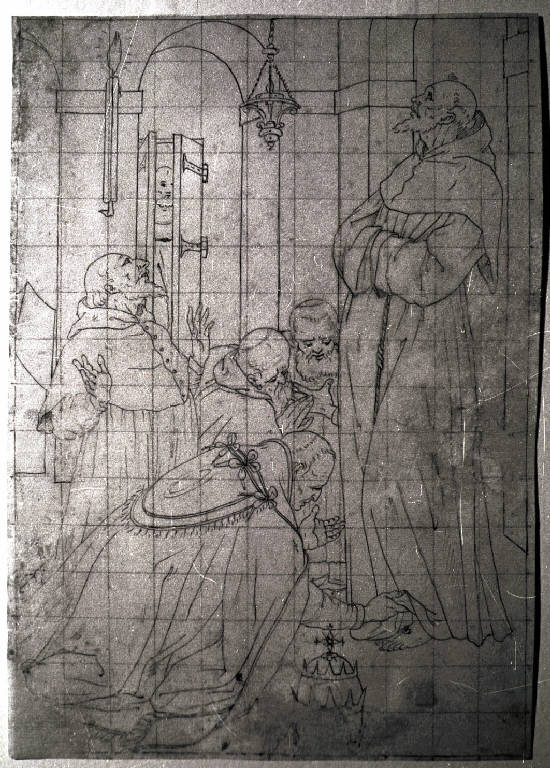 Papa Innocenzo III scopre il piede stigmatizzato di San Francesco d'Assisi (disegno) di Mainardi Andrea detto Chiaveghino (primo quarto sec. XVII)