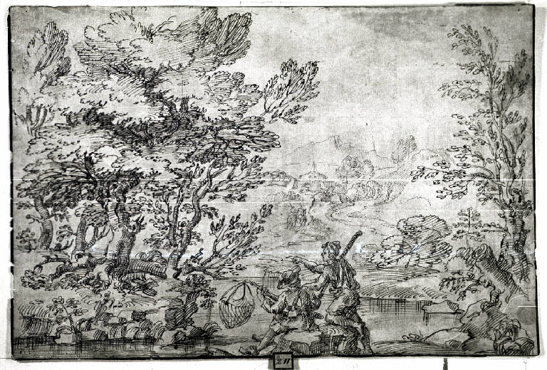 Paesaggio con pescatori (disegno) di Grimaldi Giovan Francesco detto Bolognese (maniera) (sec. XVII)