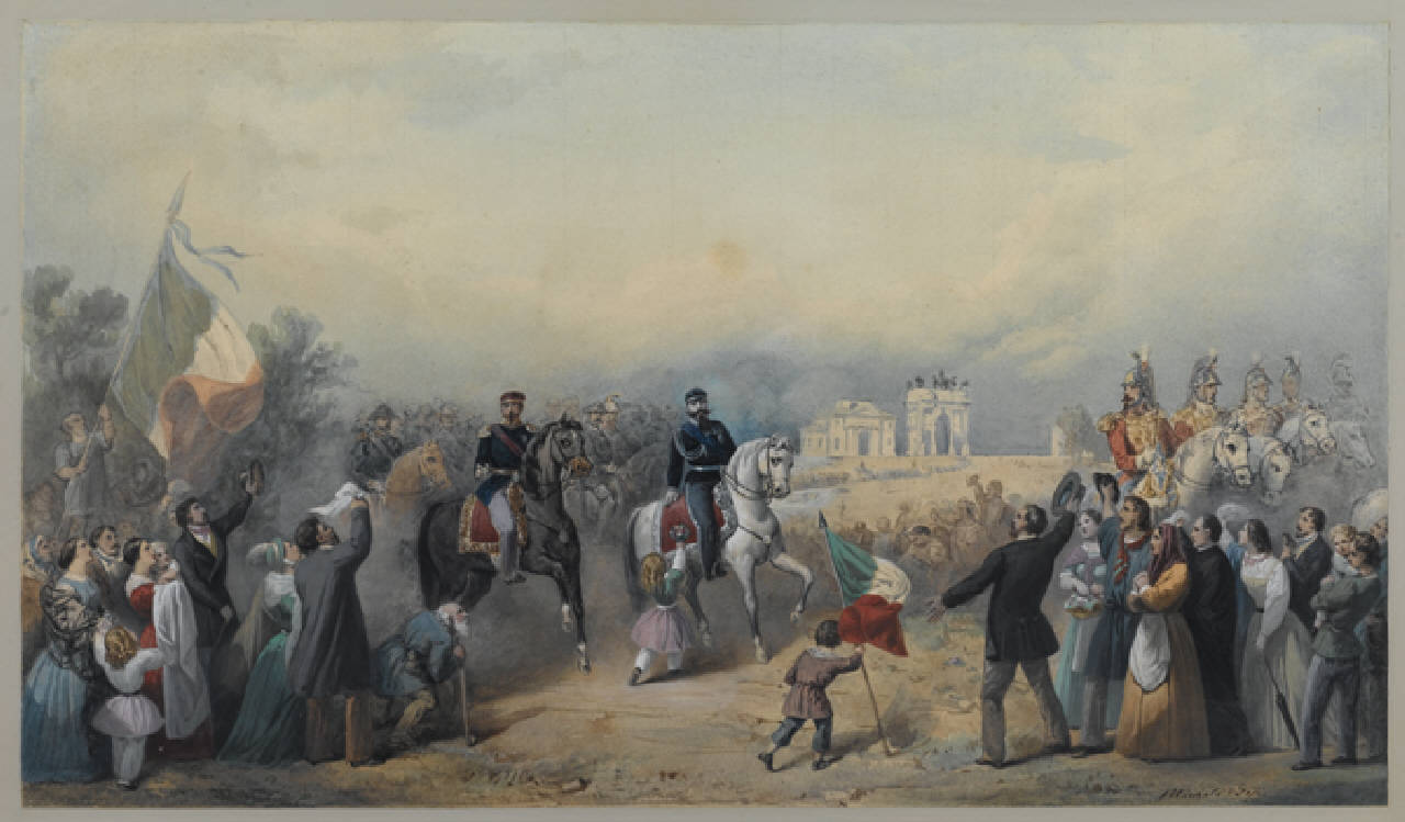 Ingresso a Milano di Vittorio Emanuele II e Napoleone III, Vittorio Emanuele II e Napoleone III alleati arrivano alle porte di Milano il giorno 8 giugno 1859 (dipinto) di Bisi Michele - realismo risorgimentale (sec. XIX)