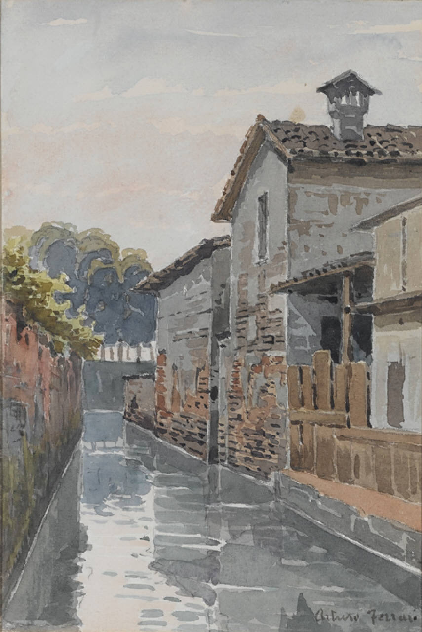 La roggia Bolagnos presso il Bastione di P. Romana, La roggia Bolagnos a Milano (dipinto) di Ferrari Arturo (fine/inizio secc. XIX/ XX)