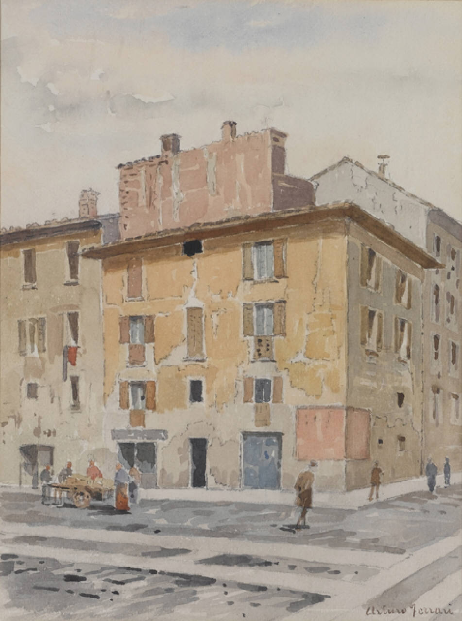 Via Chiusa presso il ponte delle pioppette, Via Chiusa presso il ponte delle pioppette a Milano (dipinto) di Ferrari Arturo (fine/inizio secc. XIX/ XX)