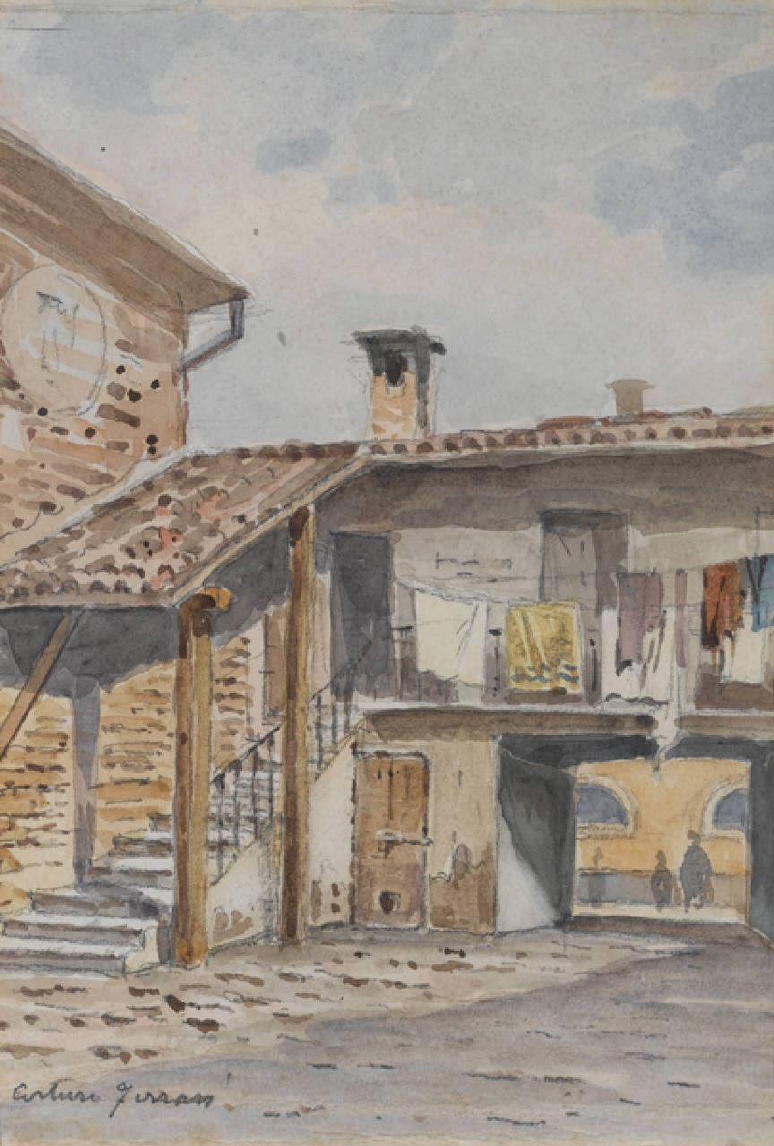 Cortile di abitazione popolare nella zona di S. Barnaba a Milano (dipinto) di Ferrari Arturo (fine/inizio secc. XIX/ XX)
