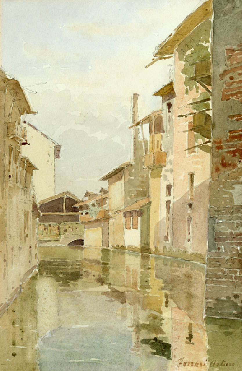 Il Naviglio Morto vicino a Brera, Il naviglio morto fra vecchie case presso Brera a Milano (dipinto) di Ferrari Arturo (fine/inizio secc. XIX/ XX)