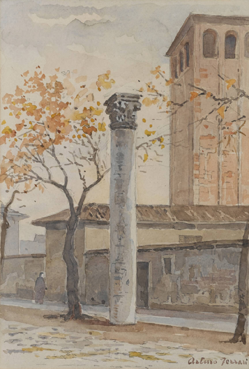 Colonna romana a S. Ambrogio, Colonna romana presso la chiesa di S. Ambrogio a Milano (dipinto) di Ferrari Arturo (fine/inizio secc. XIX/ XX)