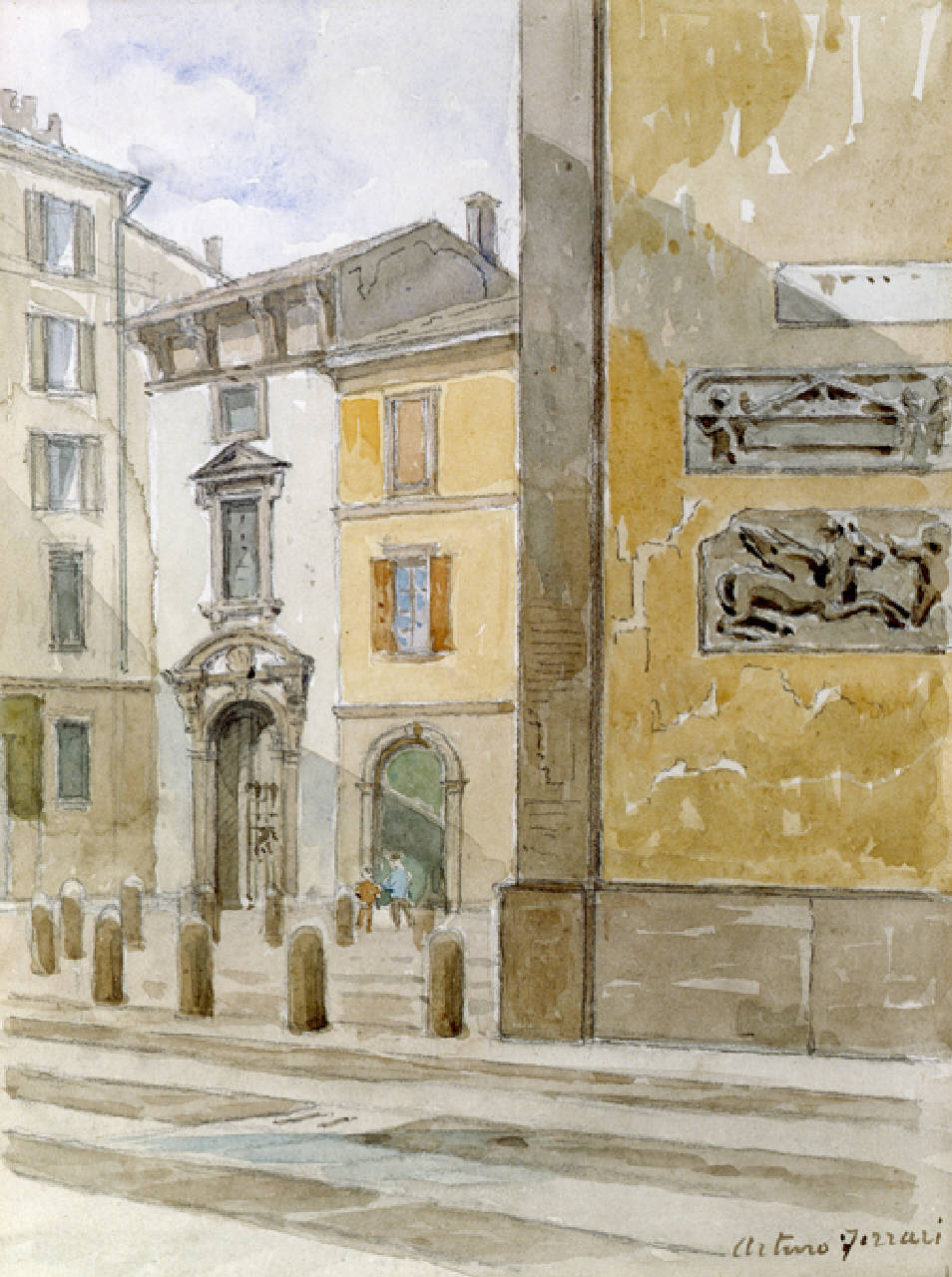 Fianco della chiesa e piazzetta di S. Maria Beltrade, Piazza e chiesa di S. Maria Beltrade a Milano (dipinto) di Ferrari Arturo (fine/inizio secc. XIX/ XX)