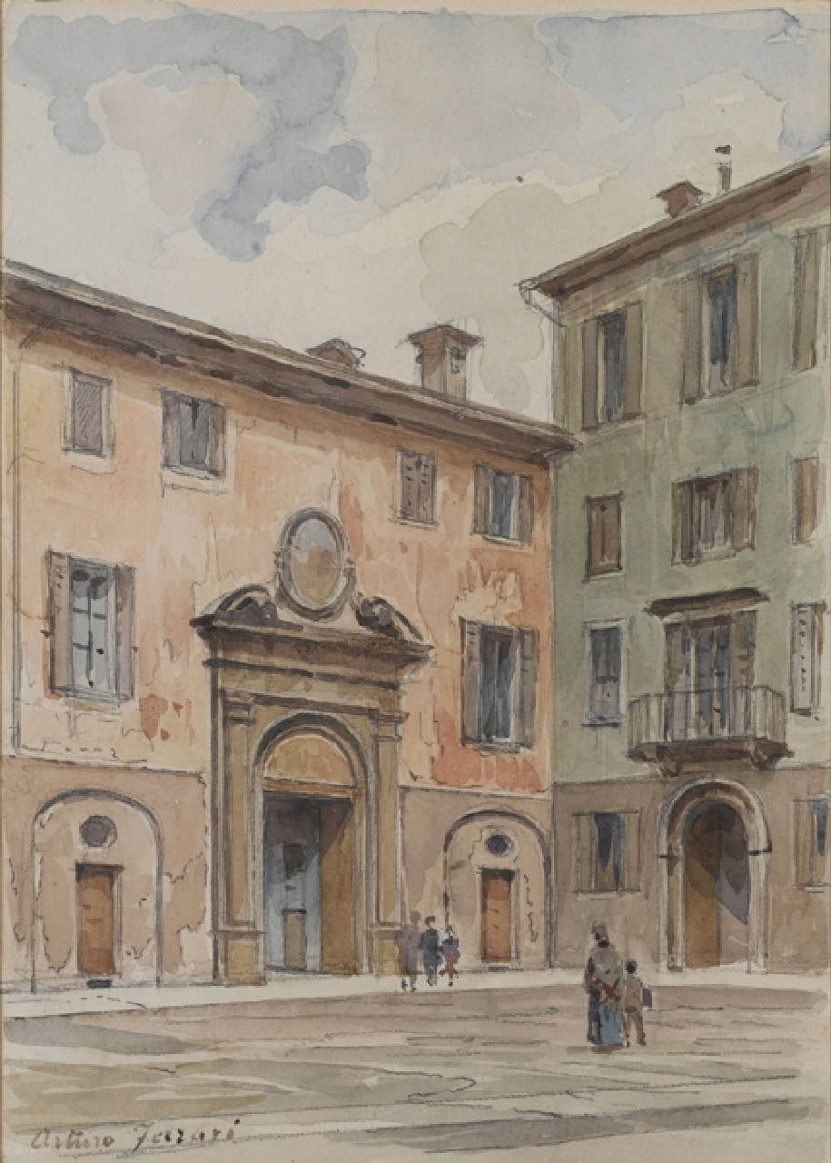 Piazzetta in via del Fieno, Piazzetta in via del Fieno a Milano (dipinto) di Ferrari Arturo (fine/inizio secc. XIX/ XX)