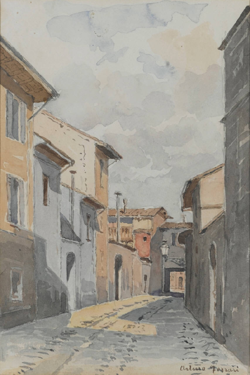Vicolo Bindellino a P. Vittoria, Vicolo Bindellino nei pressi di Porta Vittoria a Milano (dipinto) di Ferrari Arturo (fine/inizio secc. XIX/ XX)