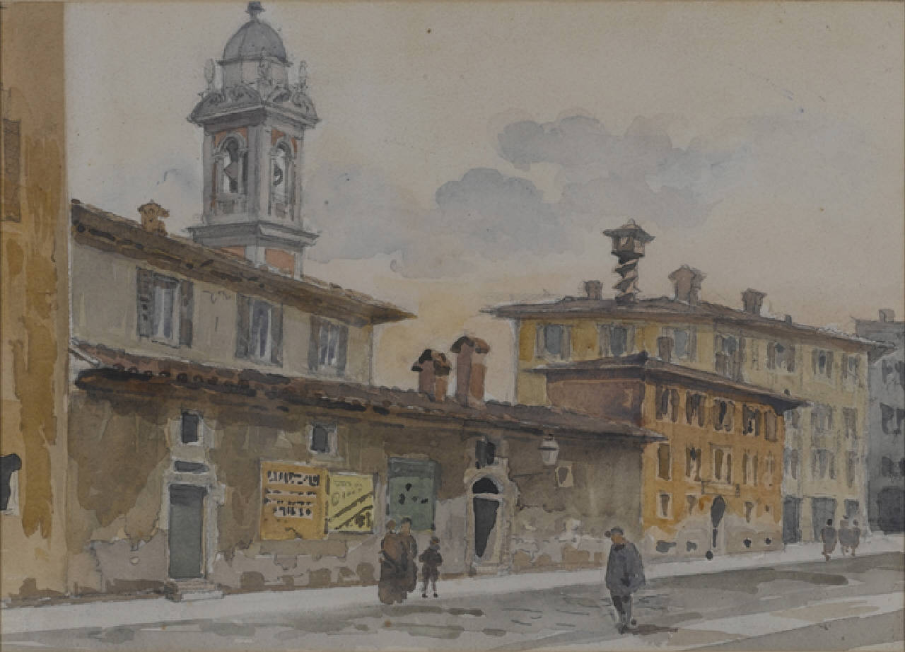 Via Laghetto - campanile di S. Stefano, Via Laghetto a Milano (dipinto) di Ferrari Arturo (fine/inizio secc. XIX/ XX)