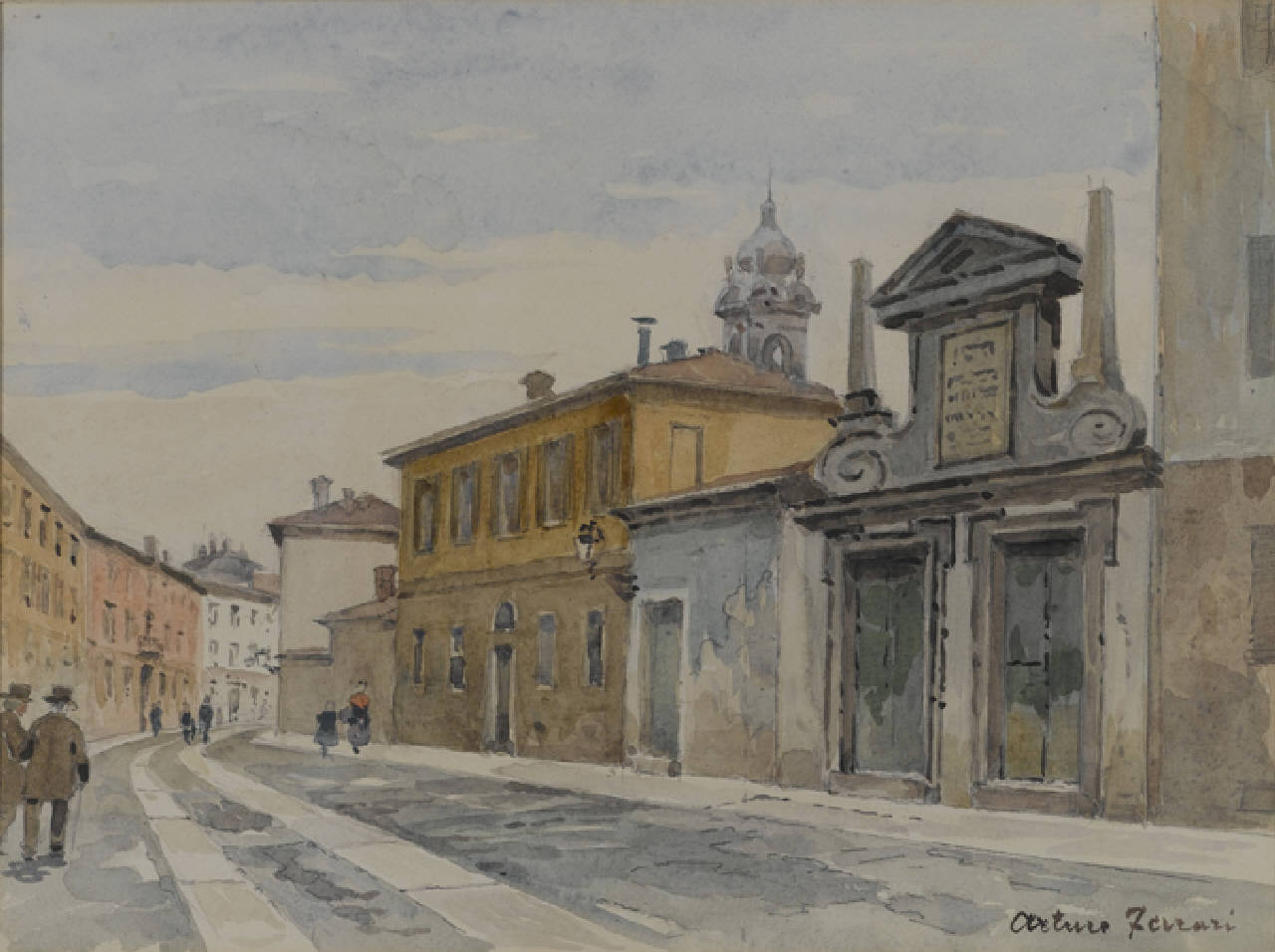 Via della Signora e la retrostante uscita di S. Stefano, Via a della Signora a Milano (dipinto) di Ferrari Arturo (fine/inizio secc. XIX/ XX)