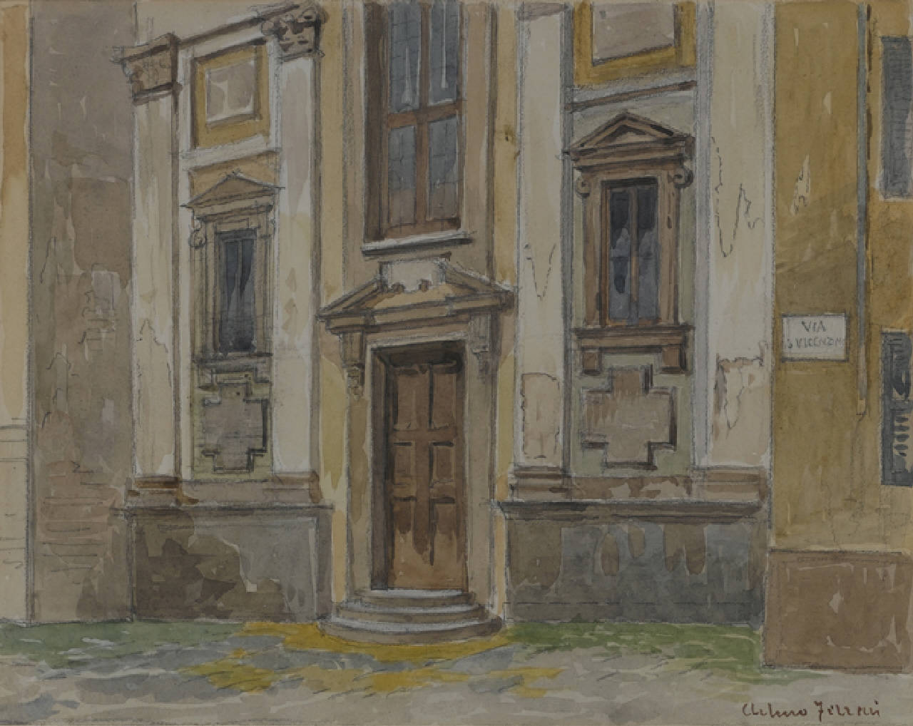 Chiesa e via di S. Vincenzino, Chiesa e via S. Vincenzino a Milano (dipinto) di Ferrari Arturo (fine/inizio secc. XIX/ XX)