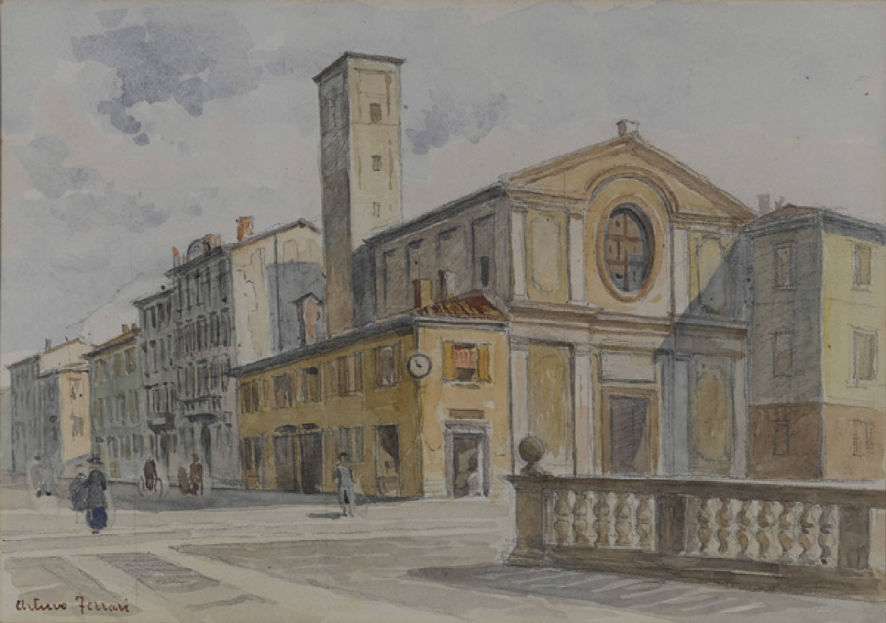 Chiesa e via S. Damiano, Chiesa e via S. Damiano a Milano (dipinto) di Ferrari Arturo (fine/inizio secc. XIX/ XX)
