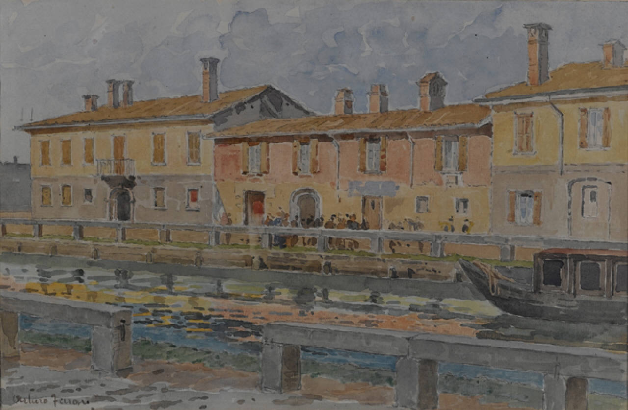 La stazione del "Barchetto" - Naviglio Pavese, Il Naviglio Pavese di fronte alla stazione del Barchetto, a Milano (dipinto) di Ferrari Arturo (fine/inizio secc. XIX/ XX)