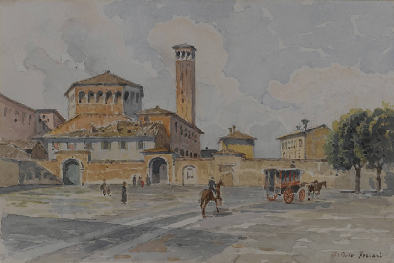 Piazza S. Ambrogio, Piazza S. Ambrogio e vista sul retro della chiesa omonima (dipinto) di Ferrari Arturo (fine/inizio secc. XIX/ XX)
