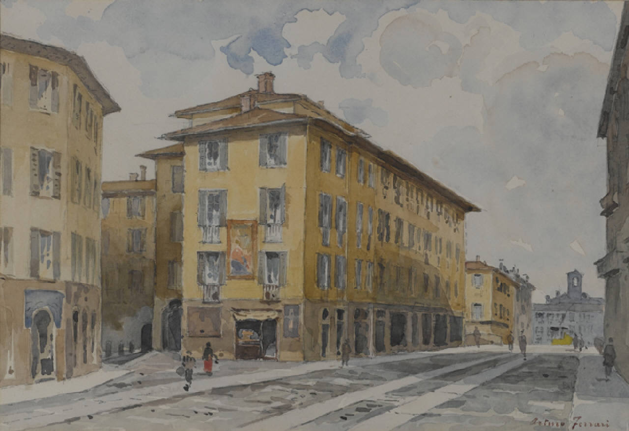 Verziere al ponte di P. Vittoria, Tratto di via Verziere a Milano (dipinto) di Ferrari Arturo (fine/inizio secc. XIX/ XX)